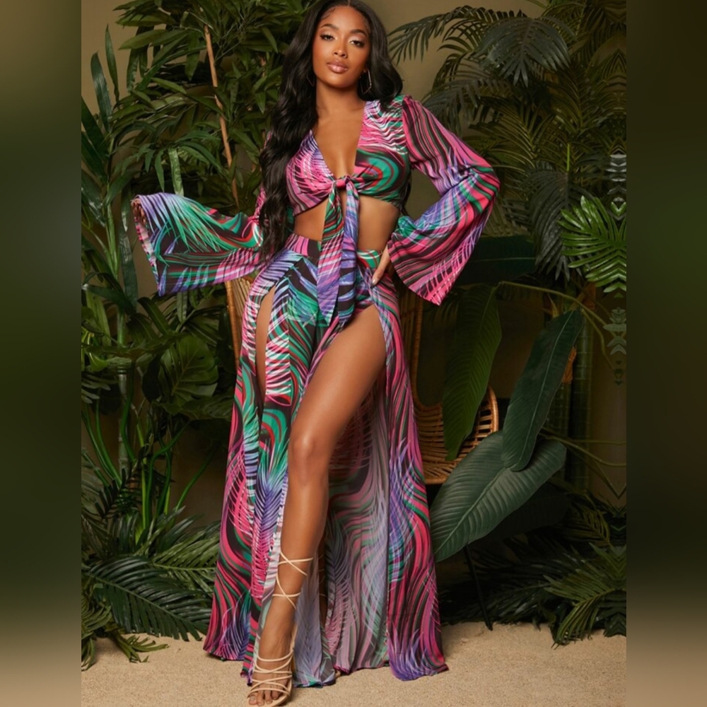 SHEIN SXY Tropical Print Tie Front Crop Top & Split Thigh Skirt